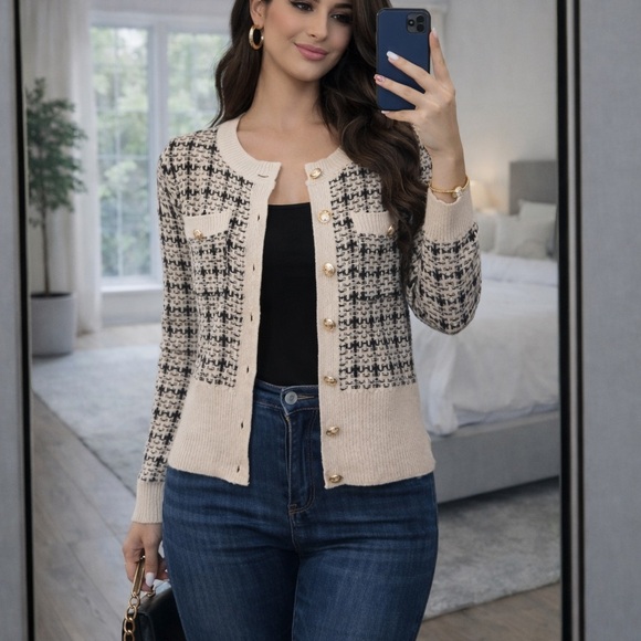 Sweaters - Black and Cream Tweed Cardigan Sweater